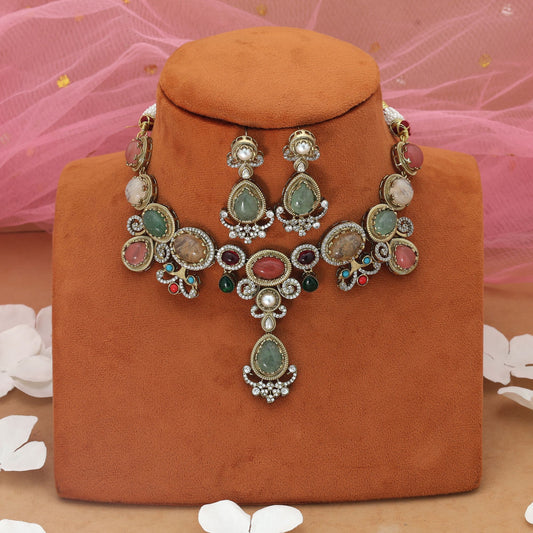 Multi Color American Diamond Necklace Set Stylish Festive Traditional Statement Jewelry