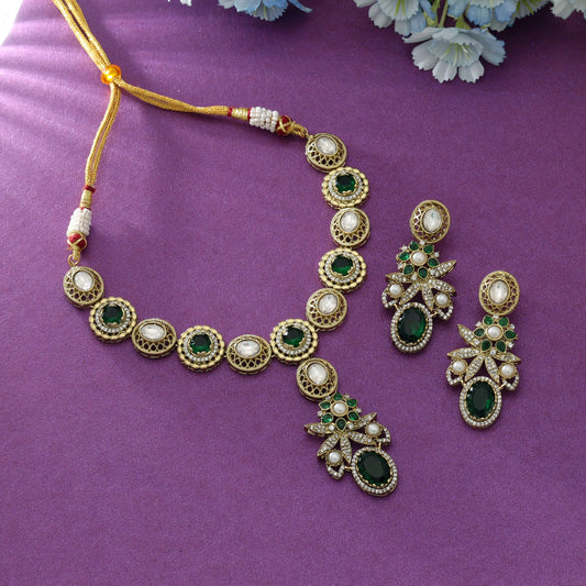 Green Color American Diamond Necklace Set Classic Ethnic Bridal Wear Statement Jewelry