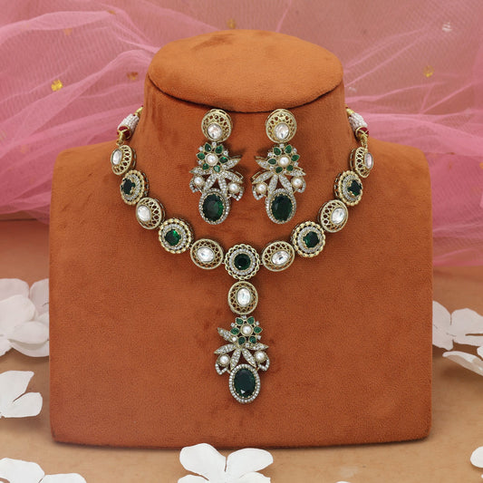 Green Color American Diamond Necklace Set Classic Ethnic Bridal Wear Statement Jewelry