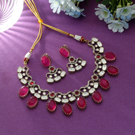 Rani Color American Diamond Necklace Set Classic Ethnic Wedding Wear Jewelry Set