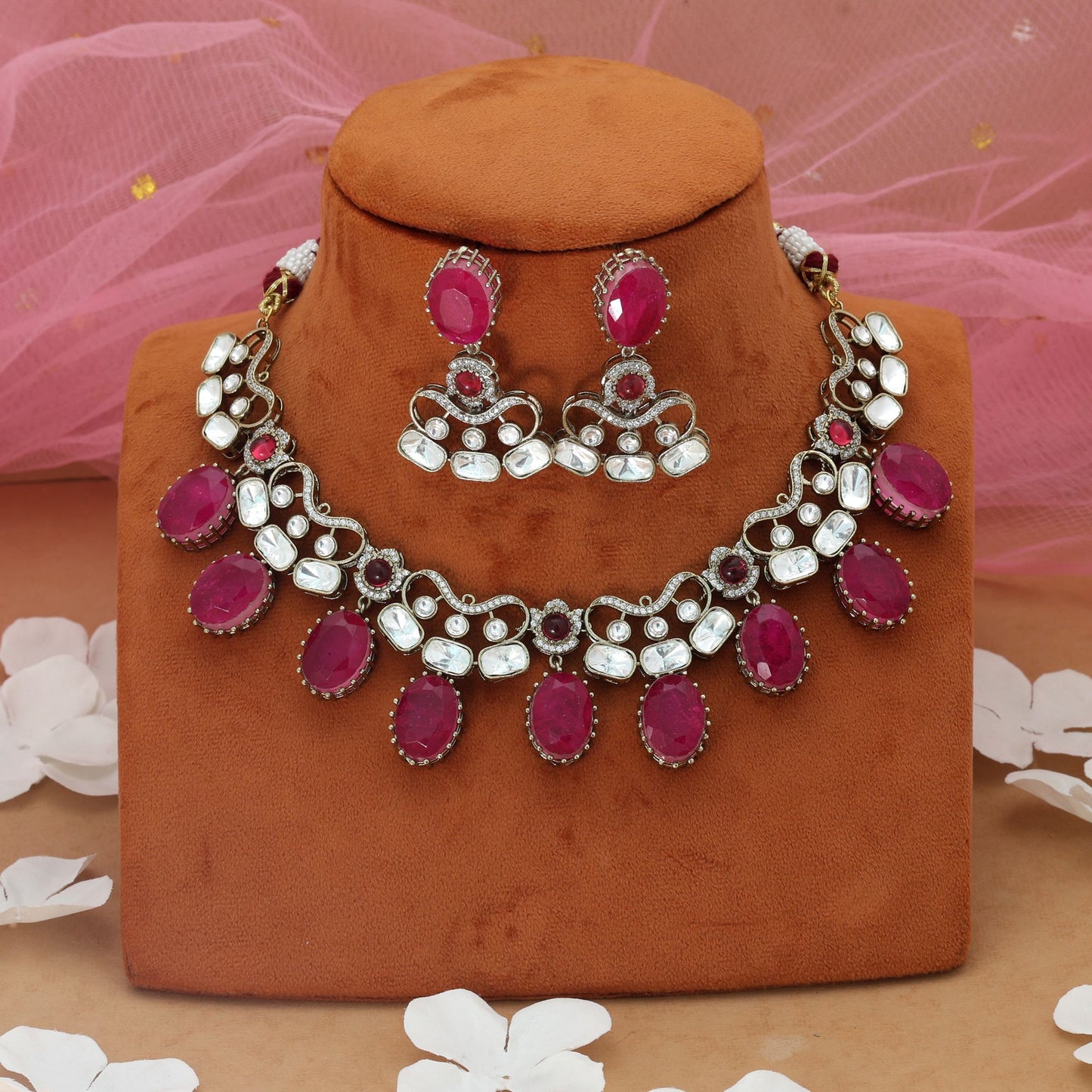Rani Color American Diamond Necklace Set Classic Ethnic Wedding Wear Jewelry Set