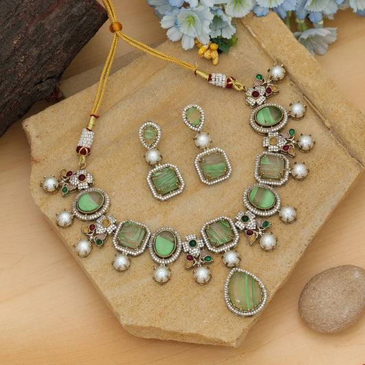 Light Green Color American Diamond Necklace Set Elegant Party Wear Jewelry Collection