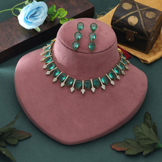 Green Color American Diamond Necklace Set Traditional Stylish Ethnic Party Wear Jewelry