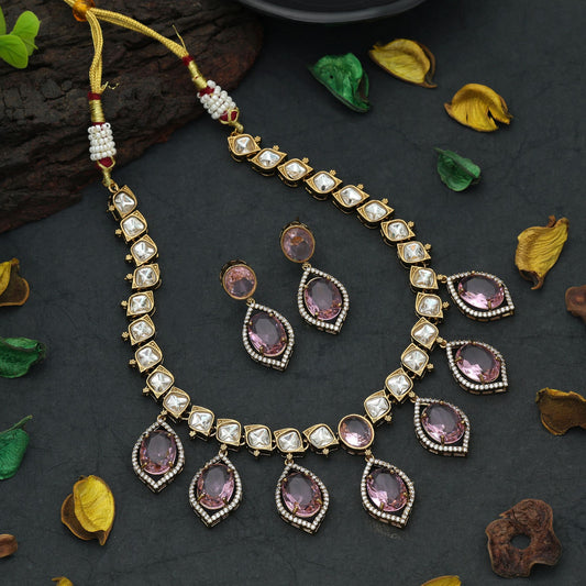 Pink Color American Diamond Necklace Set Feminine Party Wear Designer Jewelry Collection
