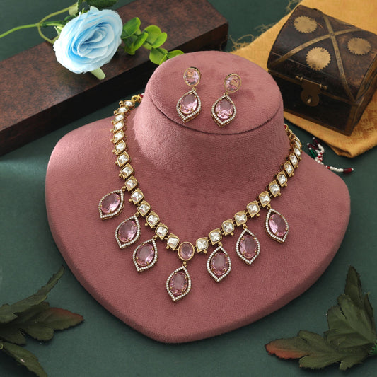 Pink Color American Diamond Necklace Set Feminine Party Wear Designer Jewelry Collection