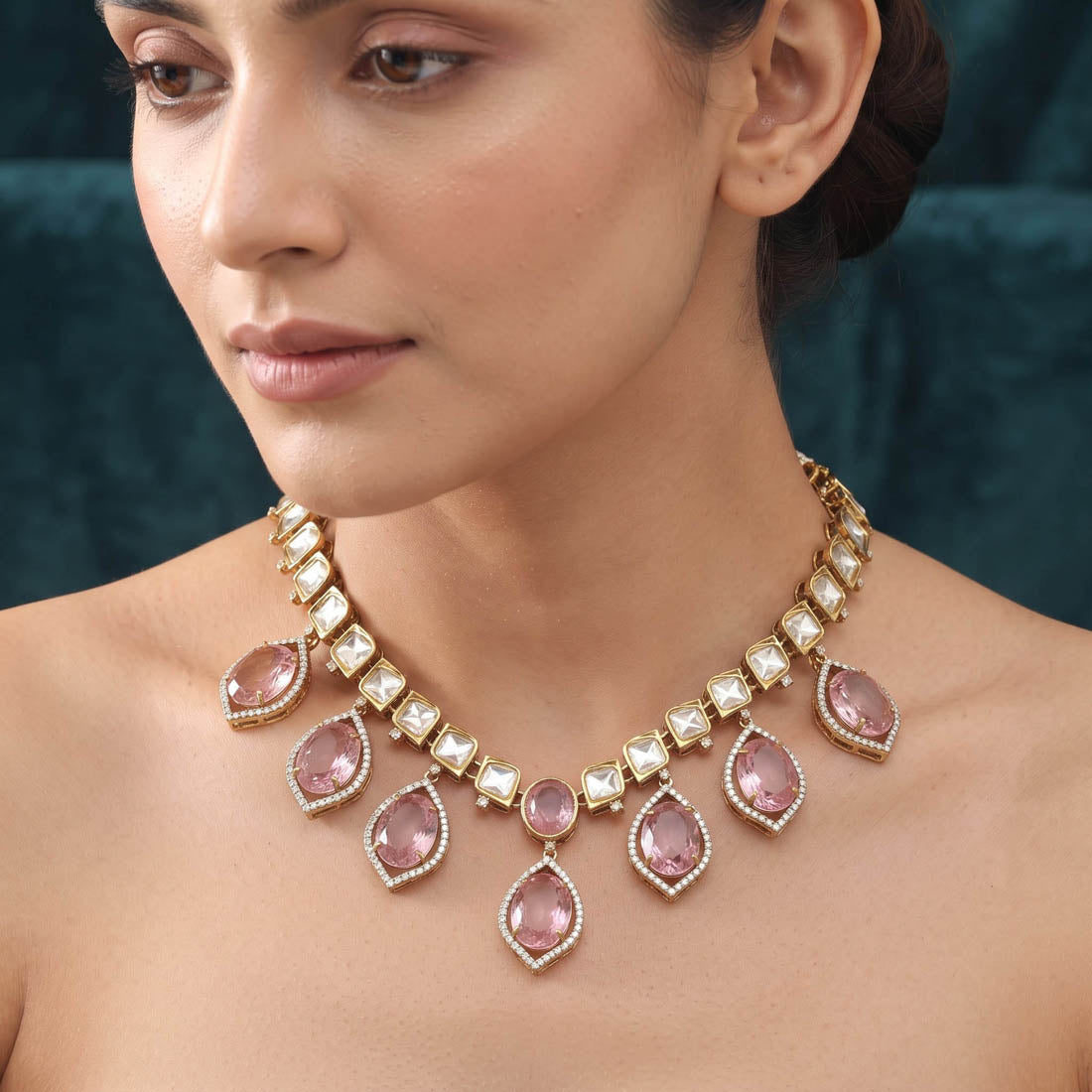 Pink Color American Diamond Necklace Set Feminine Party Wear Designer Jewelry Collection