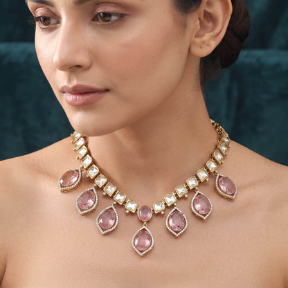 Pink Color American Diamond Necklace Set Feminine Party Wear Designer Jewelry Collection