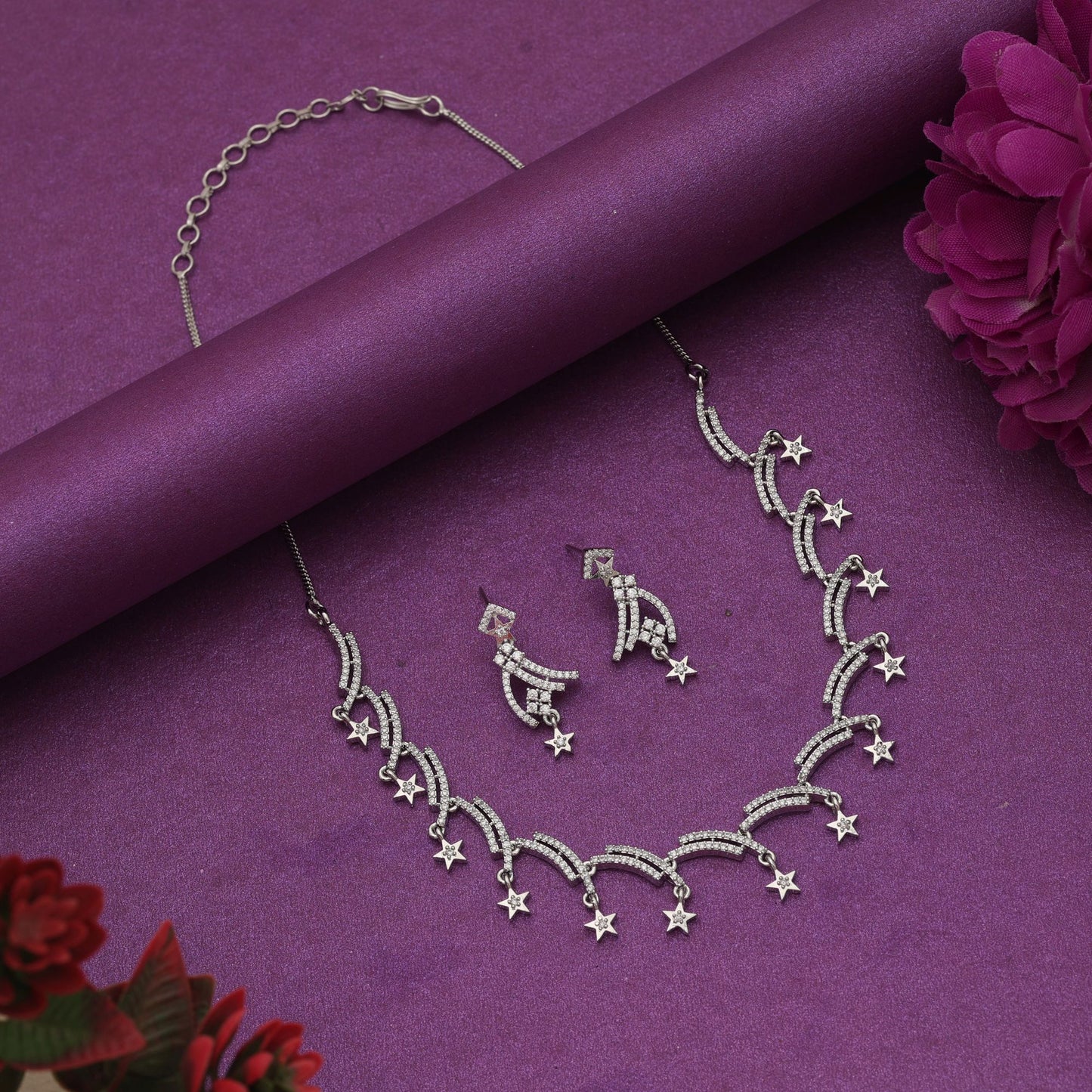 Silver Color American Diamond Necklace Set Stylish Ethnic Daily Wear Jewelry Collection Design