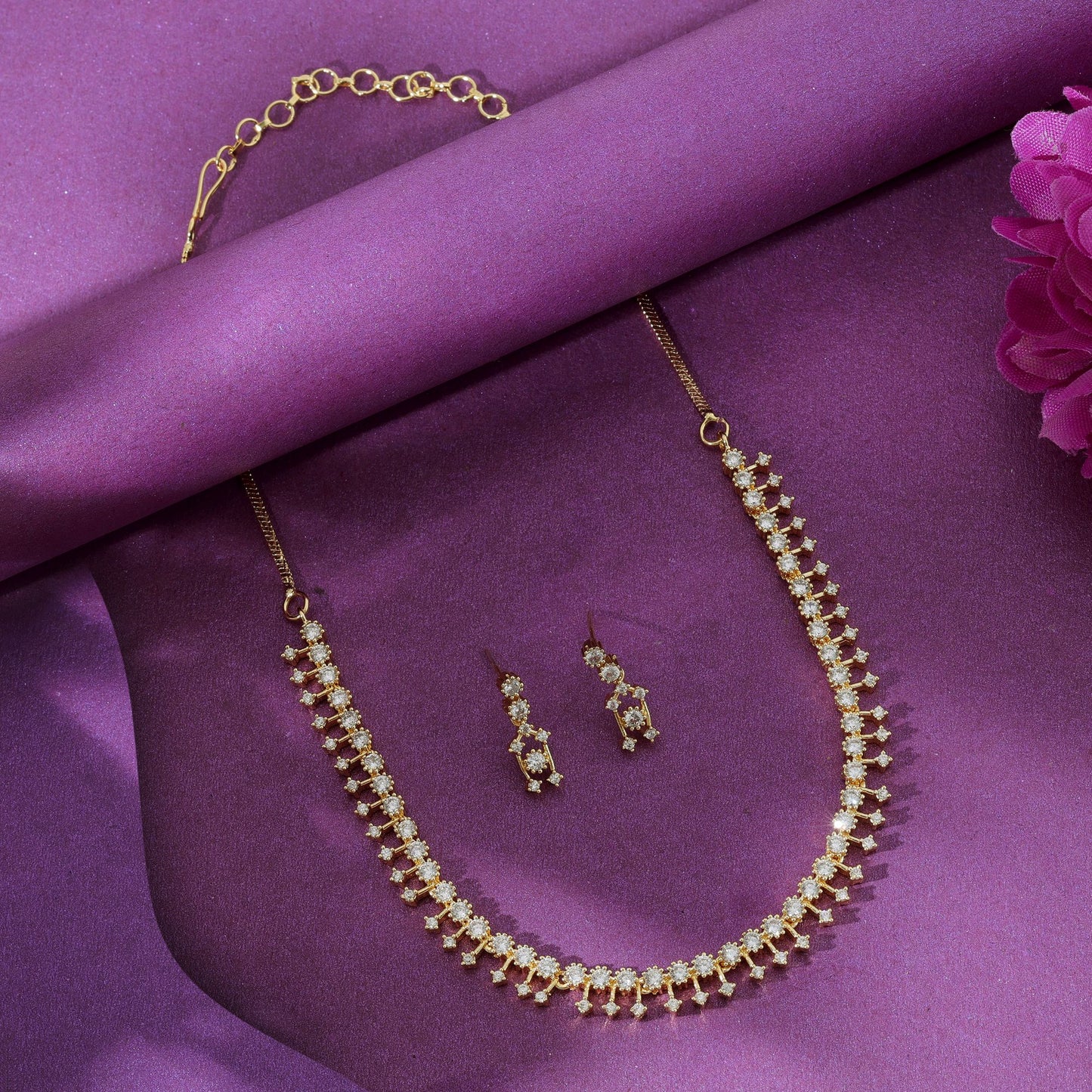 Gold Color American Diamond Necklace Set Royal Bridal Traditional Statement Jewelry Design