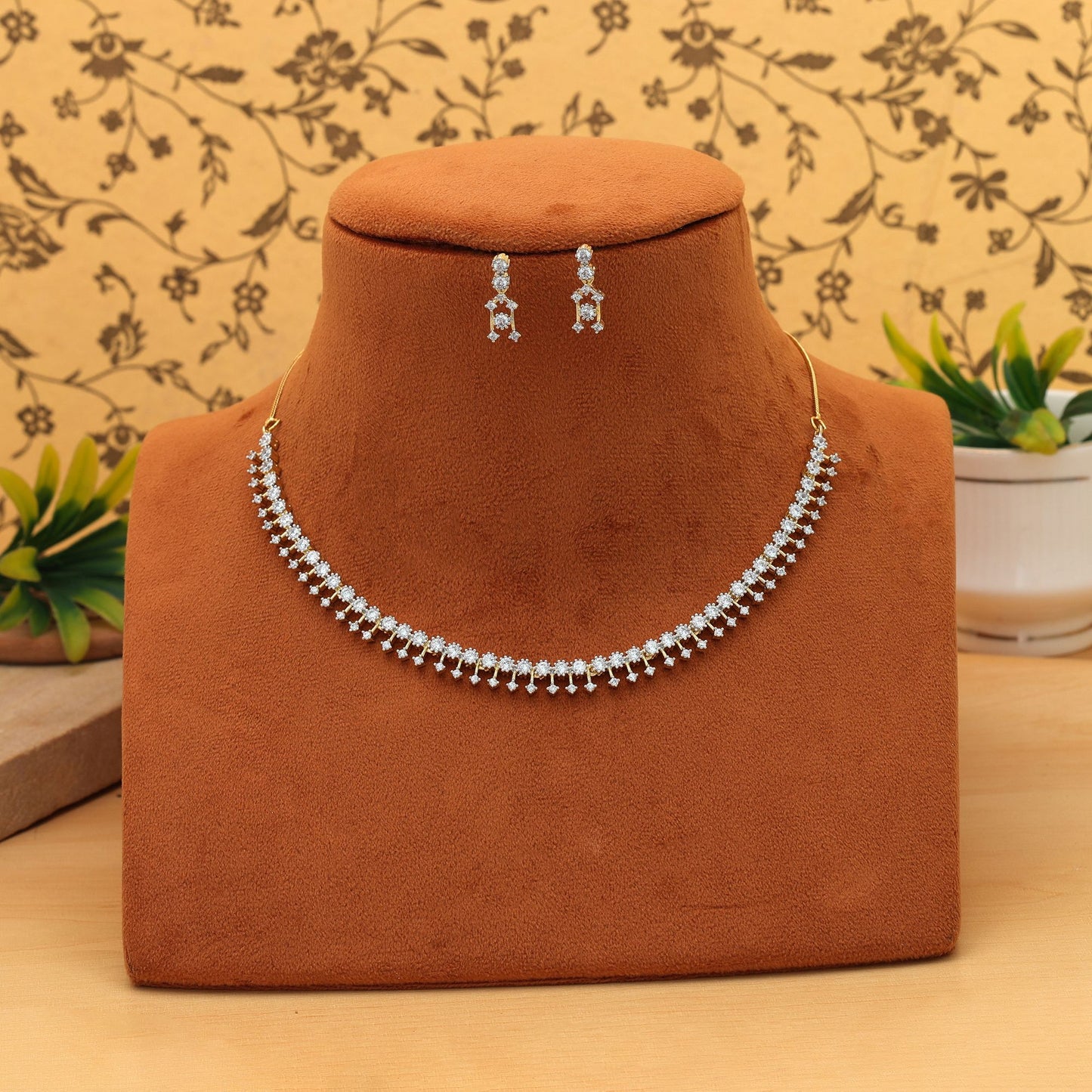 White Gold Color American Diamond Necklace Set Elegant Luxury Wedding Jewelry Collection Design
