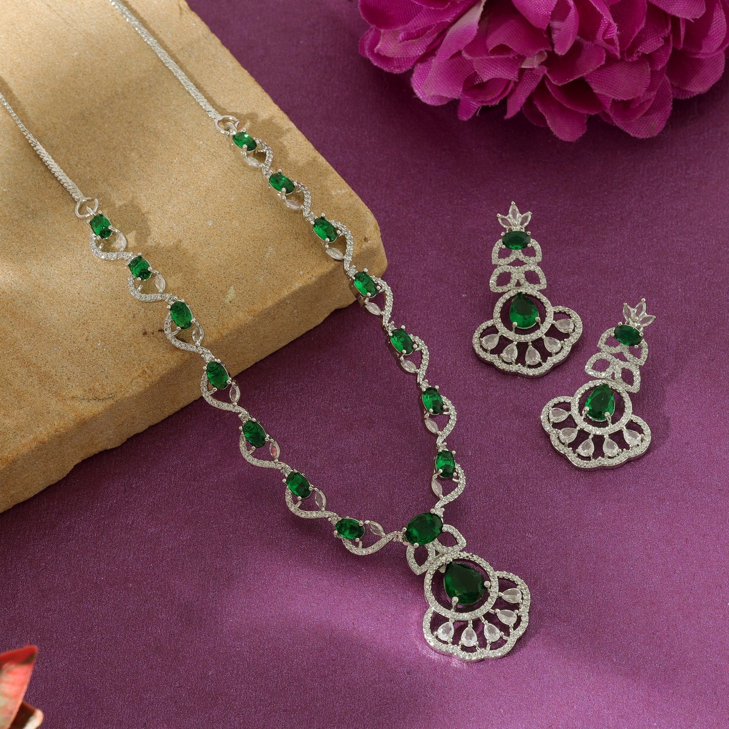 Green Color American Diamond Necklace Set Stylish Festive Ethnic Jewelry Design Collection