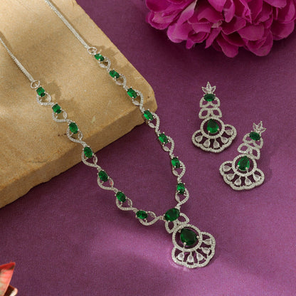 Green Color American Diamond Necklace Set Stylish Festive Ethnic Jewelry Design Collection