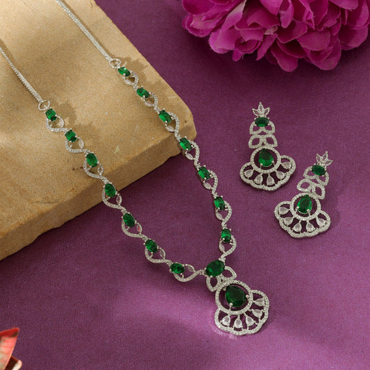 Green Color American Diamond Necklace Set Stylish Festive Ethnic Jewelry Design Collection