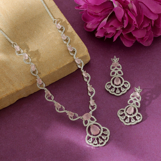 Pink Color American Diamond Necklace Set Designer Party Wear Elegant Jewelry Collection