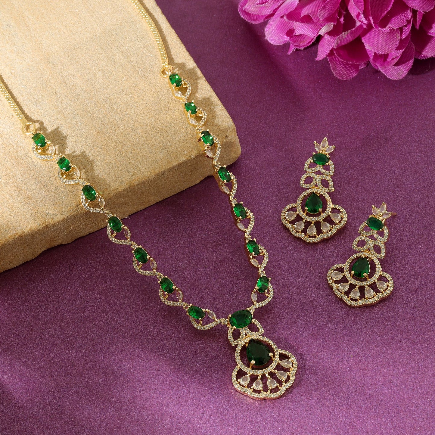 Green Color American Diamond Necklace Set Elegant Traditional Daily Wear Jewelry Collection