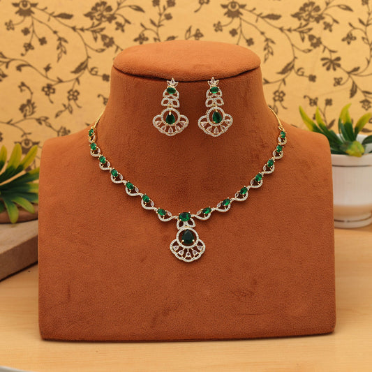 Green Color American Diamond Necklace Set Elegant Traditional Daily Wear Jewelry Collection