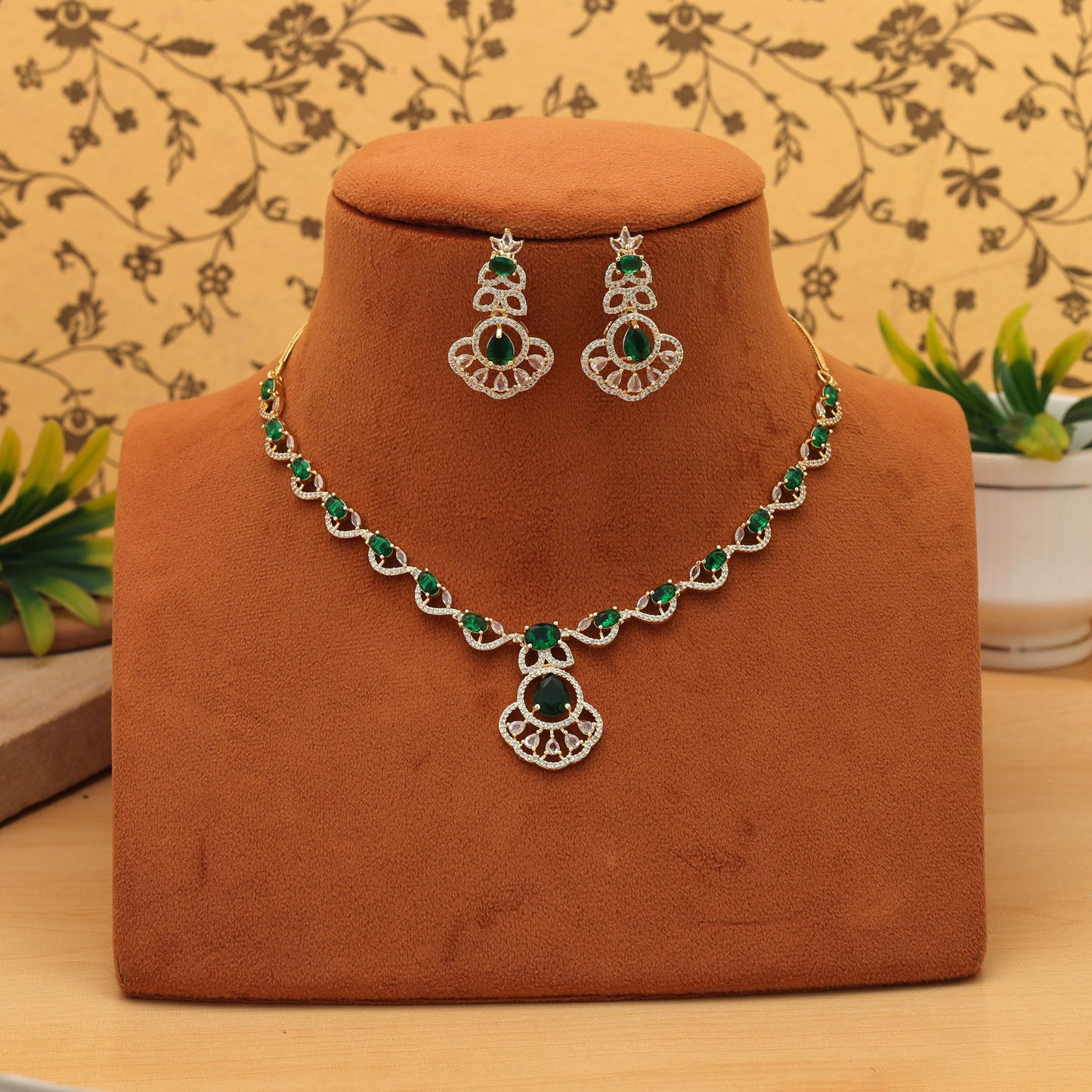 Green Color American Diamond Necklace Set Elegant Traditional Daily Wear Jewelry Collection