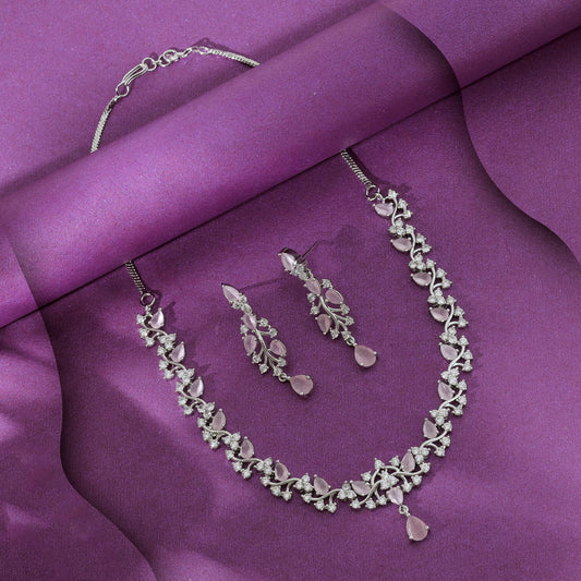 Pink Color American Diamond Necklace Set Modern Lightweight Stylish Jewelry Design Collection