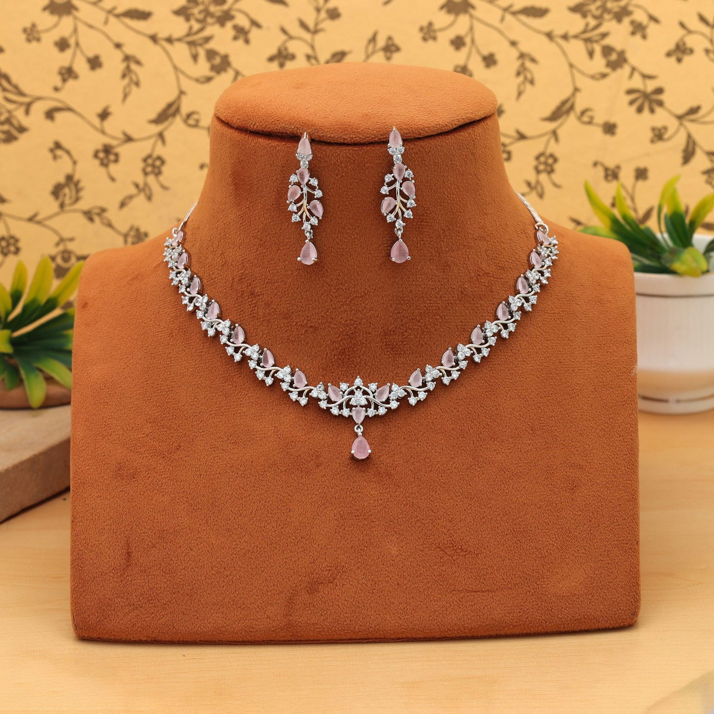 Pink Color American Diamond Necklace Set Modern Lightweight Stylish Jewelry Design Collection