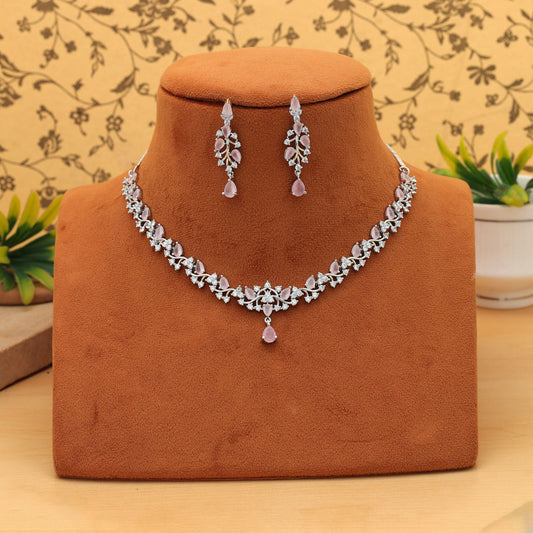 Pink Color American Diamond Necklace Set Modern Lightweight Stylish Jewelry Design Collection