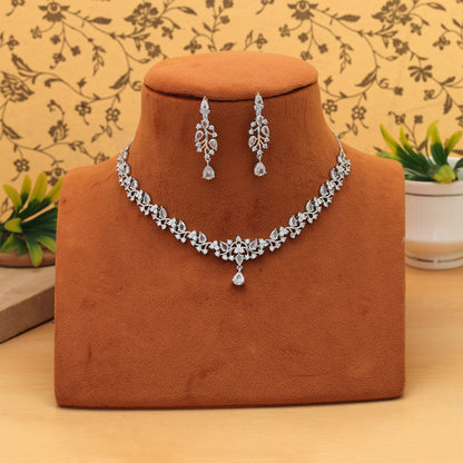 Silver Color American Diamond Necklace Set Elegant Wedding Party Wear Jewelry Collection