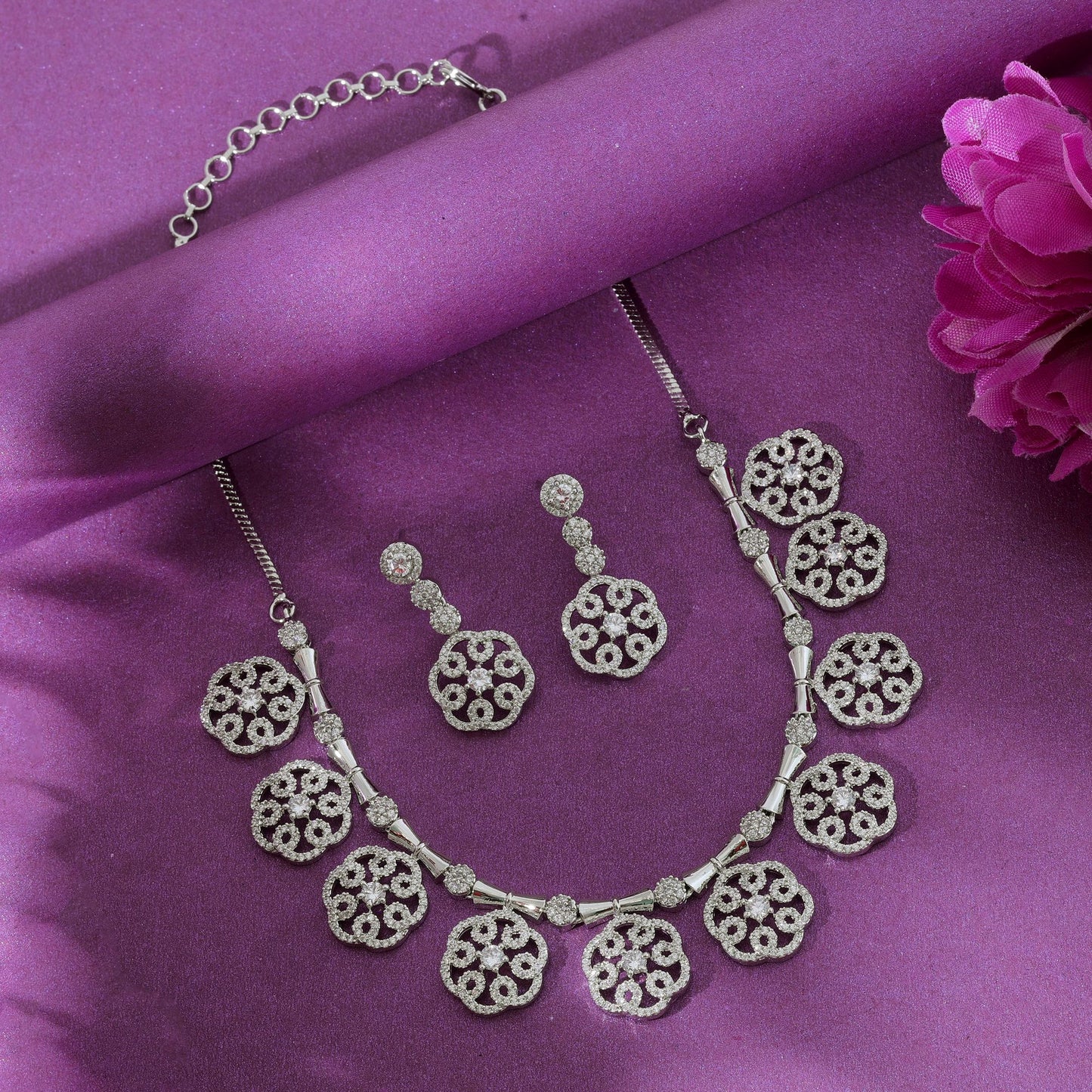 Silver Color American Diamond Necklace Set Premium Party Wear Stylish Jewelry Design