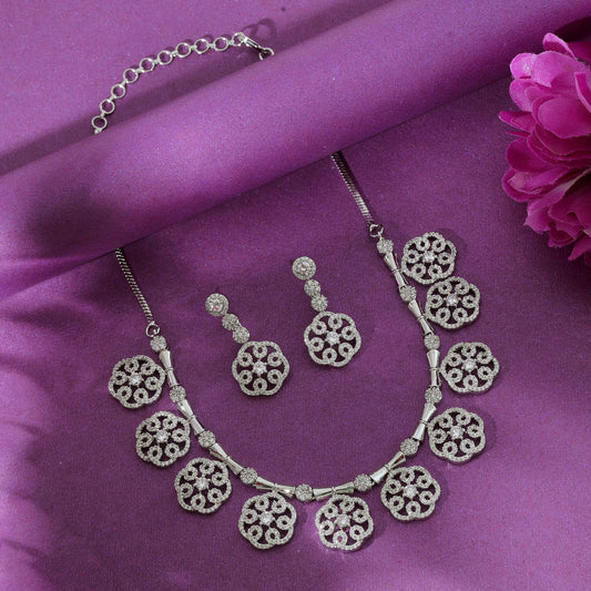 Silver Color American Diamond Necklace Set Premium Party Wear Stylish Jewelry Design