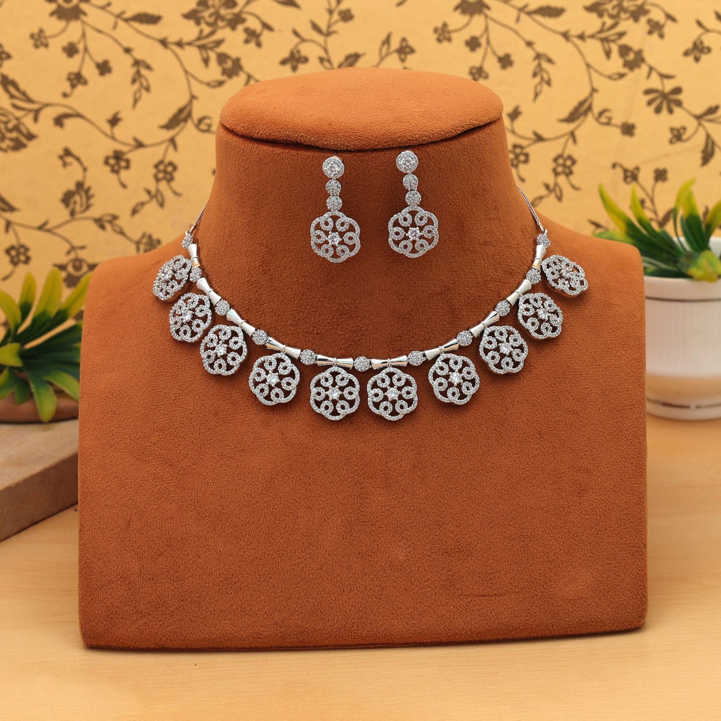 Silver Color American Diamond Necklace Set Premium Party Wear Stylish Jewelry Design