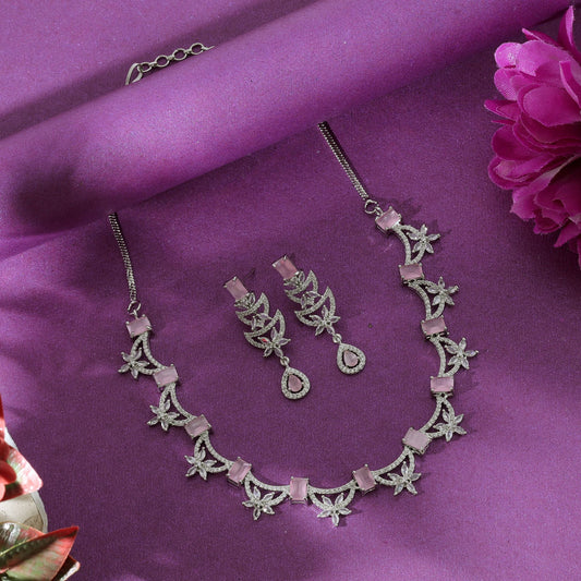 Light Pink Color American Diamond Necklace Set Soft Elegant Party Wear Jewelry Design