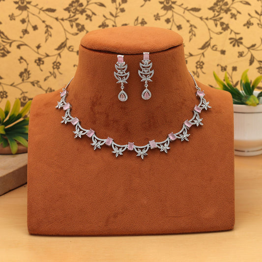 Light Pink Color American Diamond Necklace Set Soft Elegant Party Wear Jewelry Design