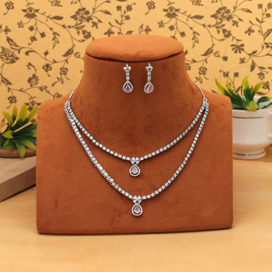 Light Pink Color American Diamond Necklace Set Elegant Daily Wear Jewelry Collection
