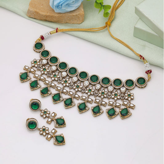 Elegant Green Color American Diamond Necklace Set For Wedding Party Wear