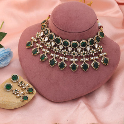 Elegant Green Color American Diamond Necklace Set For Wedding Party Wear