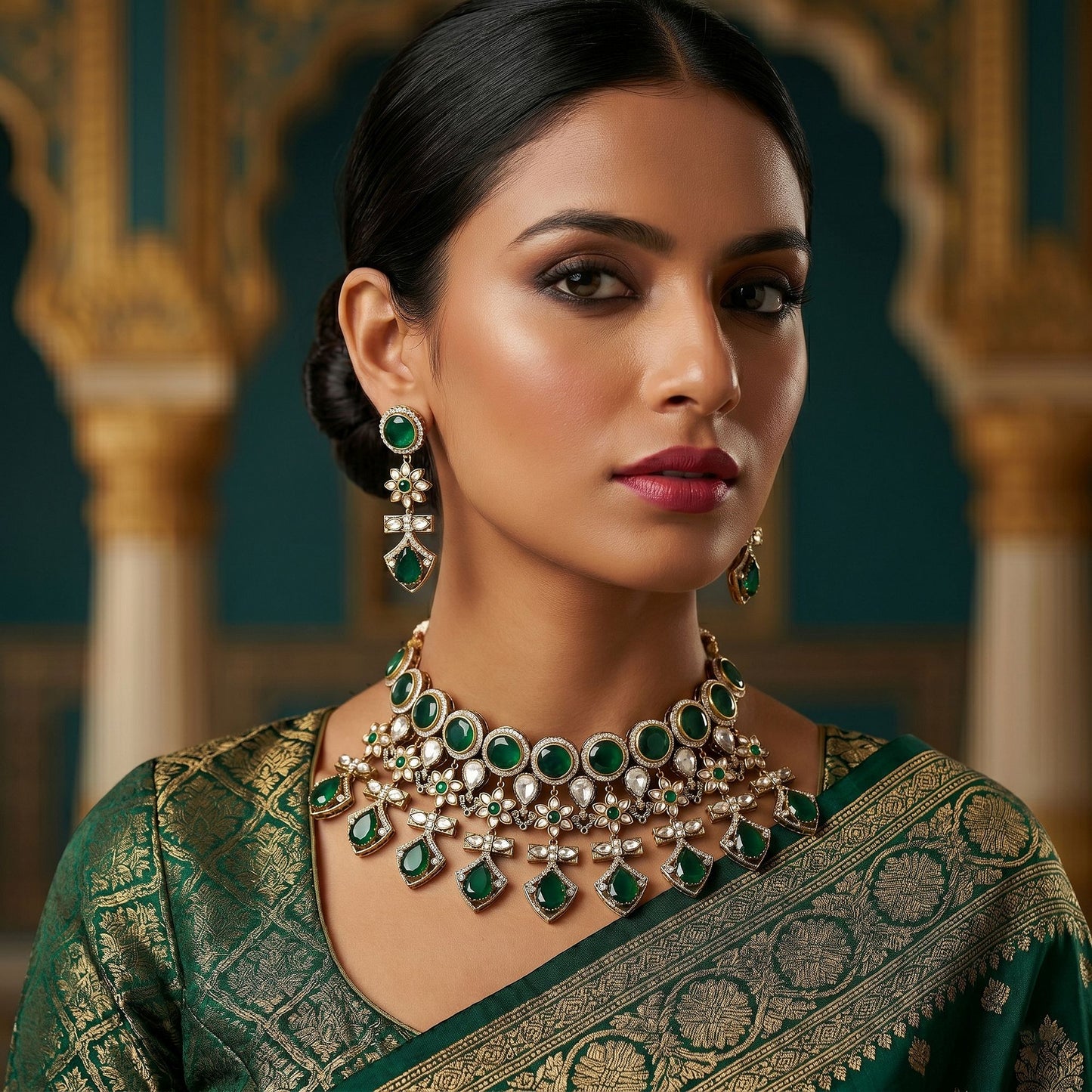 Elegant Green Color American Diamond Necklace Set For Wedding Party Wear