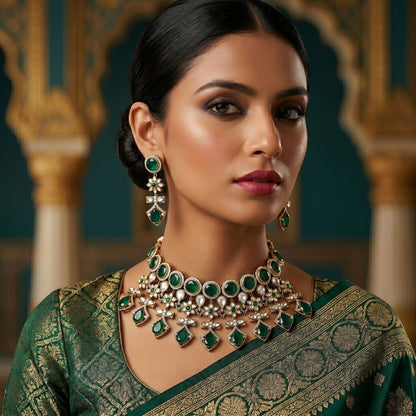 Elegant Green Color American Diamond Necklace Set For Wedding Party Wear
