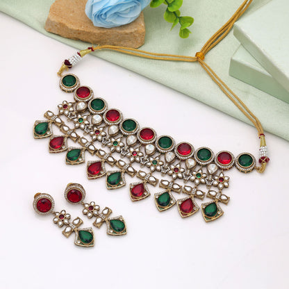 Designer Maroon & Grün Amerikanischer Diamant Halsketten-Set für Frauen