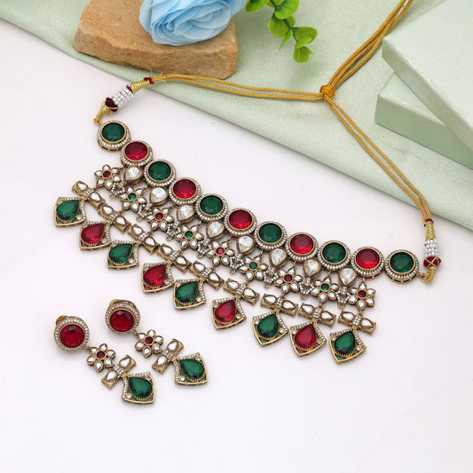 Designer Maroon & Green Color American Diamond Necklace Set For Women