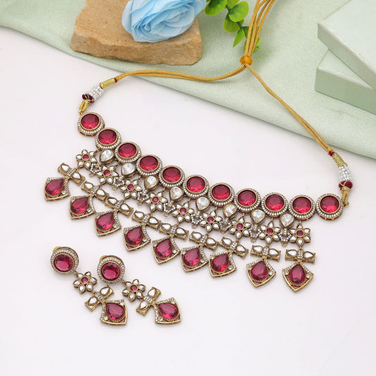 Stylish Rani Color American Diamond Necklace Set For Festive Bridal Wear
