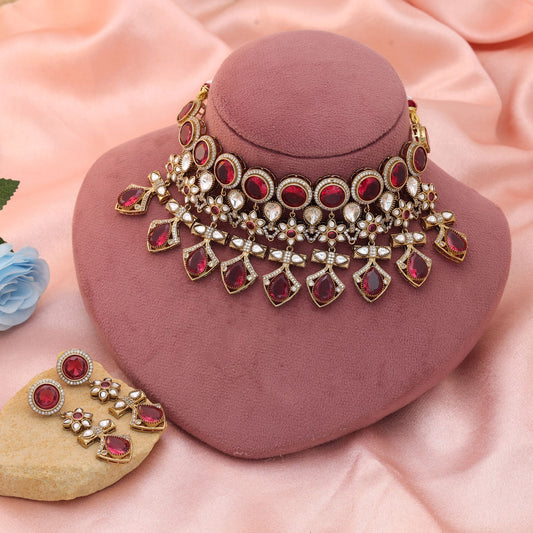 Stylish Rani Color American Diamond Necklace Set For Festive Bridal Wear