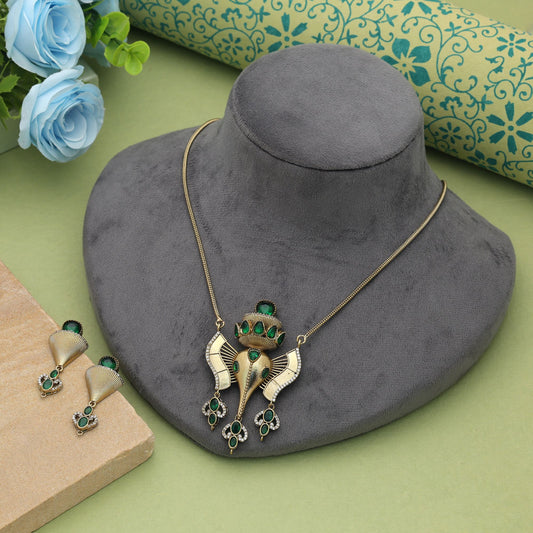 Royal Green Color Lord Ganesha American Diamond Necklace Set With Spiritual Elegant Design