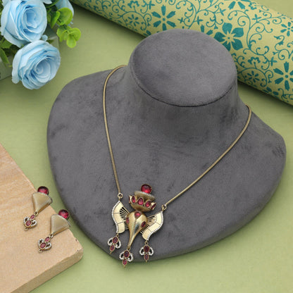 Beautiful Rani Color Lord Ganesha American Diamond Necklace Set For Festive Wear