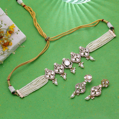 White Color Moissanite Polki Necklace Set Featuring Premium Crystal Designer Finish