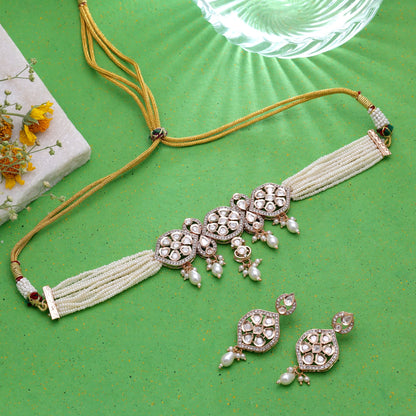 White Color Moissanite Polki Necklace Set Crafted for Stylish Party Wear Look