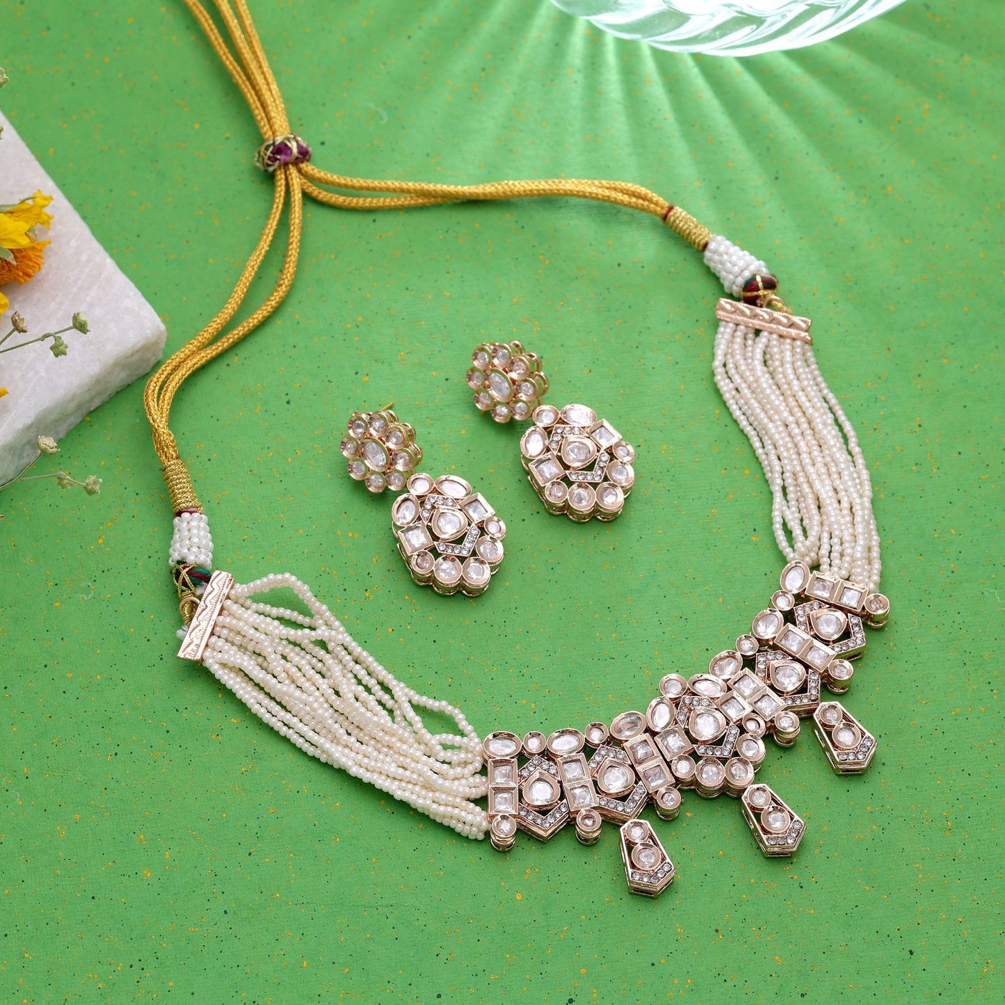 White Color Moissanite Polki Necklace Set with Elegant Traditional Bridal Jewelry Appeal