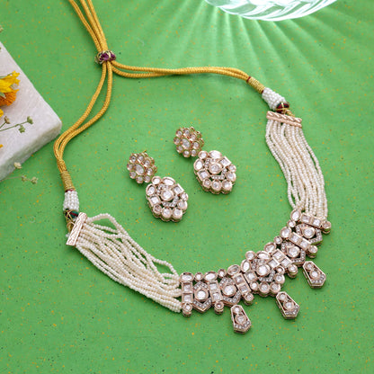 White Color Moissanite Polki Necklace Set with Elegant Traditional Bridal Jewelry Appeal
