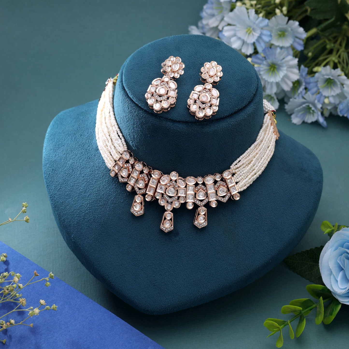 White Color Moissanite Polki Necklace Set with Elegant Traditional Bridal Jewelry Appeal