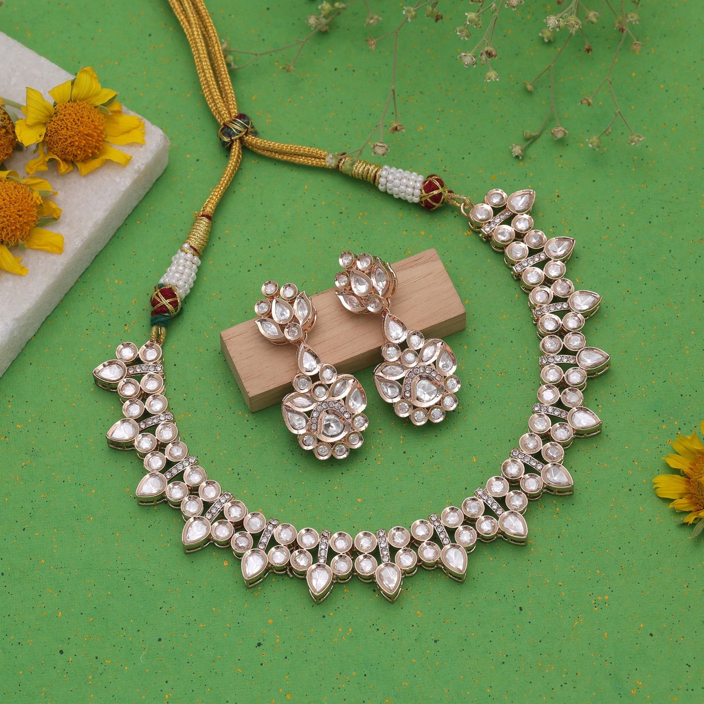 White Color Moissanite Polki Necklace Set with Beautiful Luxury Crystal Finish