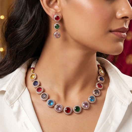 Multi Color American Diamond Navratna Necklace Set with Elegant Traditional Jewelry Design