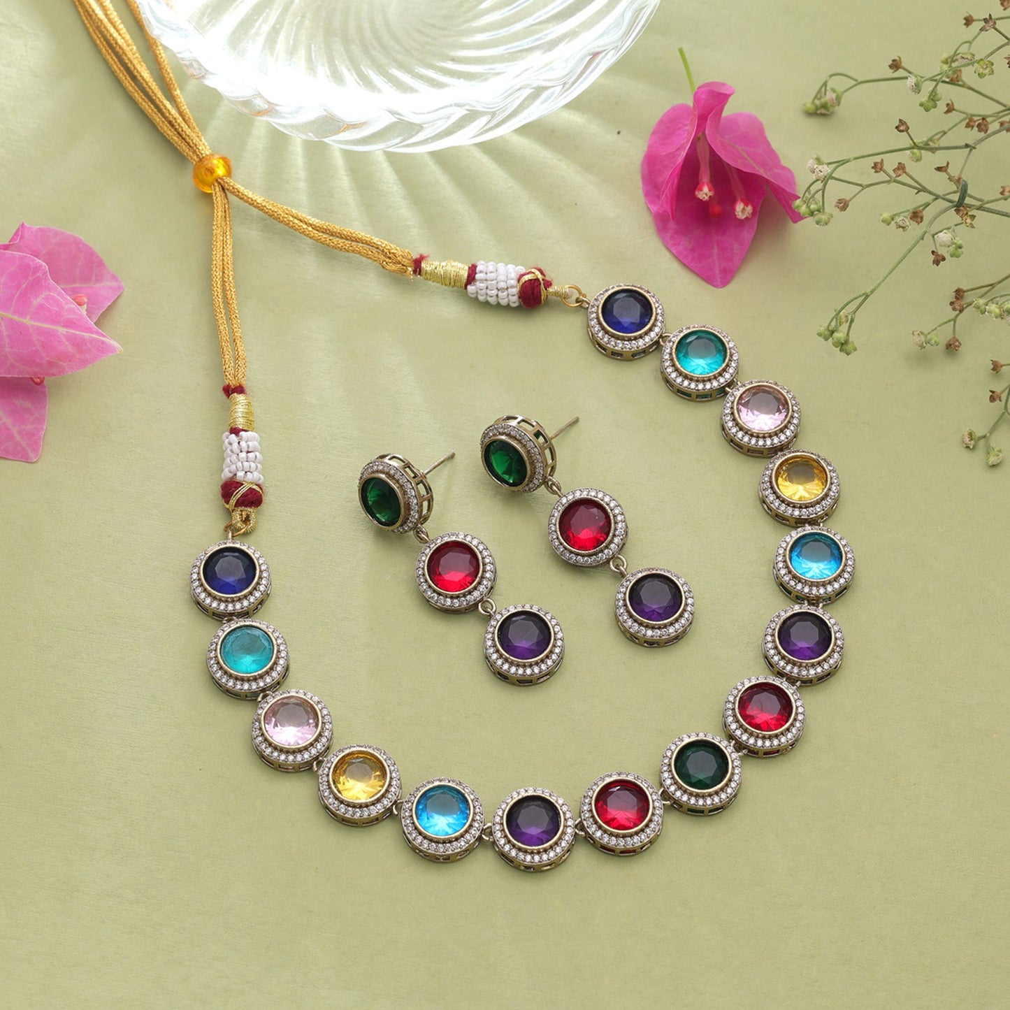 Multi Color American Diamond Navratna Necklace Set Featuring Premium Festive Ethnic Style