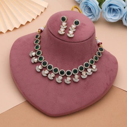 Green Color American Diamond Navratna Polki Necklace Set with Beautiful Ethnic Jewelry Finish
